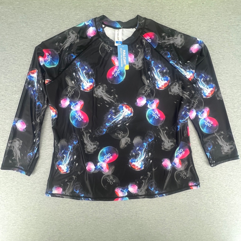 HALCURT Rash Guard Swim Shirt Women 1X Black Jellyfish Print Long Sleeve UPF 50+